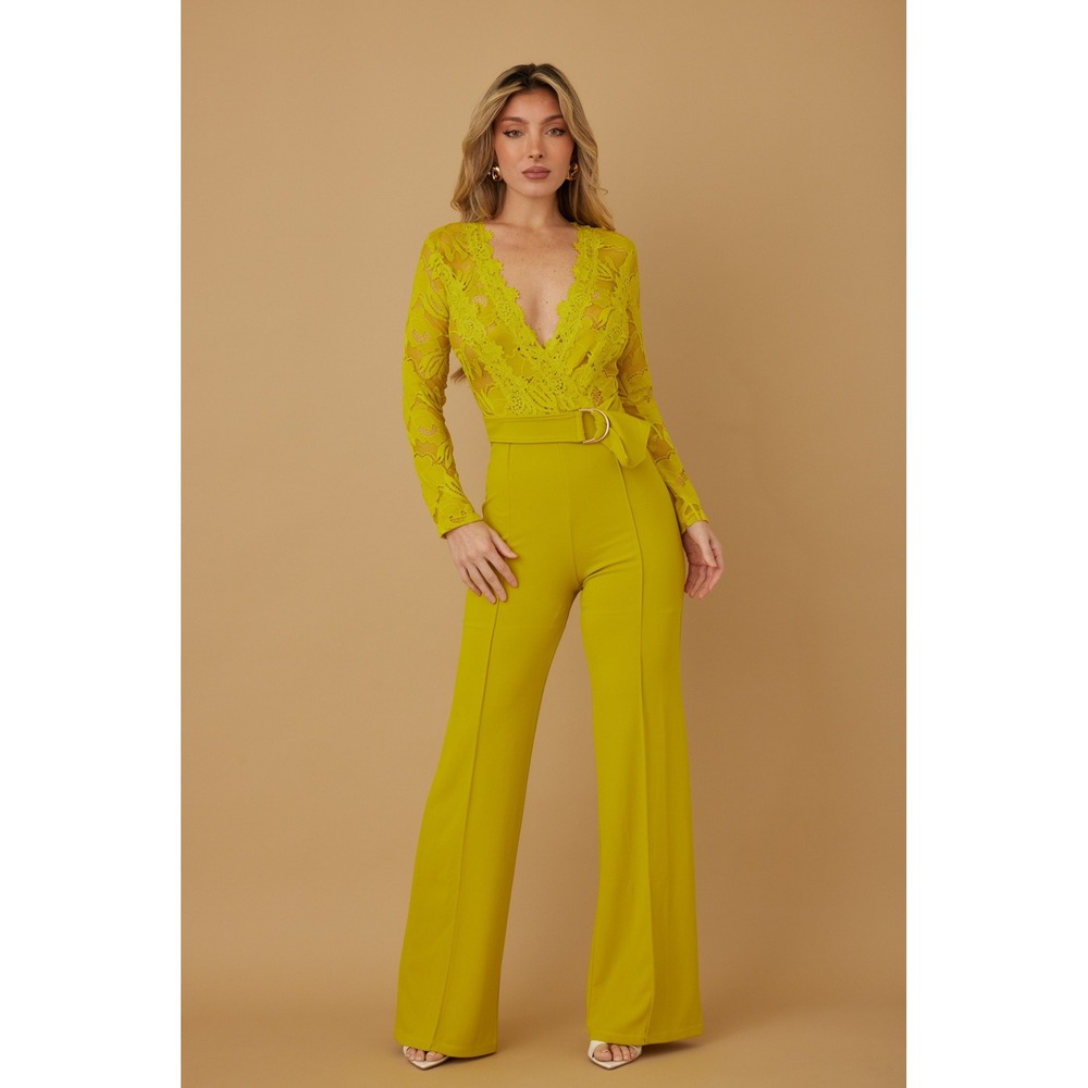 Lace Long Sleeve Wide Leg Jumpsuit Belted V-Neck Yellow Green